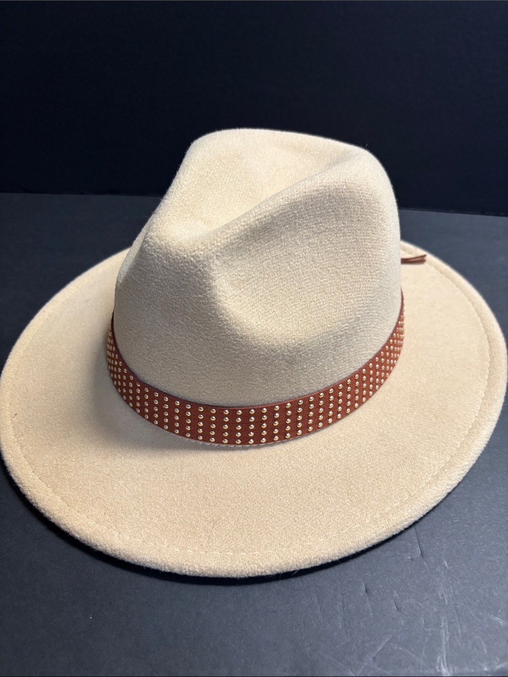 Time and Tru Cream Felt Fedora with Brown Studded Band